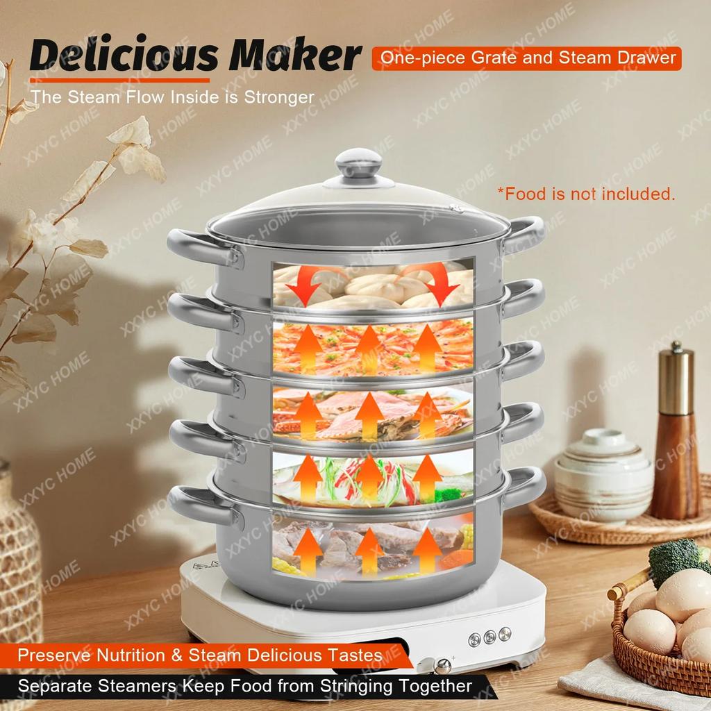 5 Tier Stainless Steel Food Steamer Vegetable Steamer Pot Cookware with Lid 26/30cm