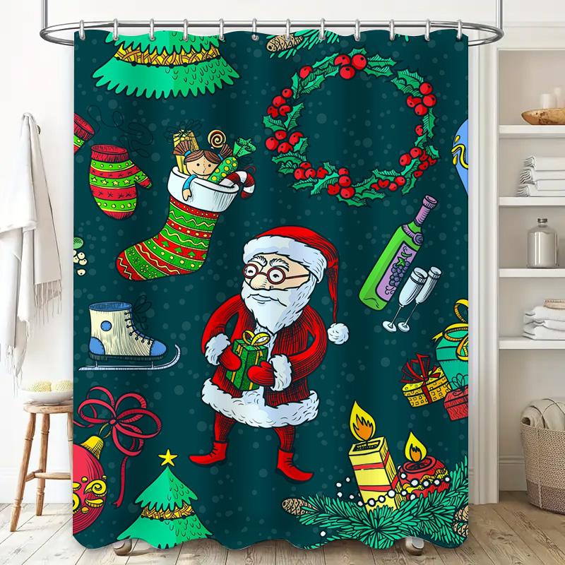 Tu Christmas Shower Curtain Santa Claus Holiday Festive Bathroom Decor Waterproof Fabric Xmas Home Decor Gift Idea Festive Seaso