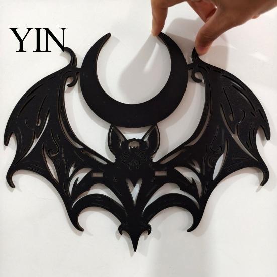 Gothic Style Storage Bat Wall Shelf, Mount Wooden & Moon Rack, Creative Wing Display Stand Floating Shelf for Bedroom Living Room Halloween