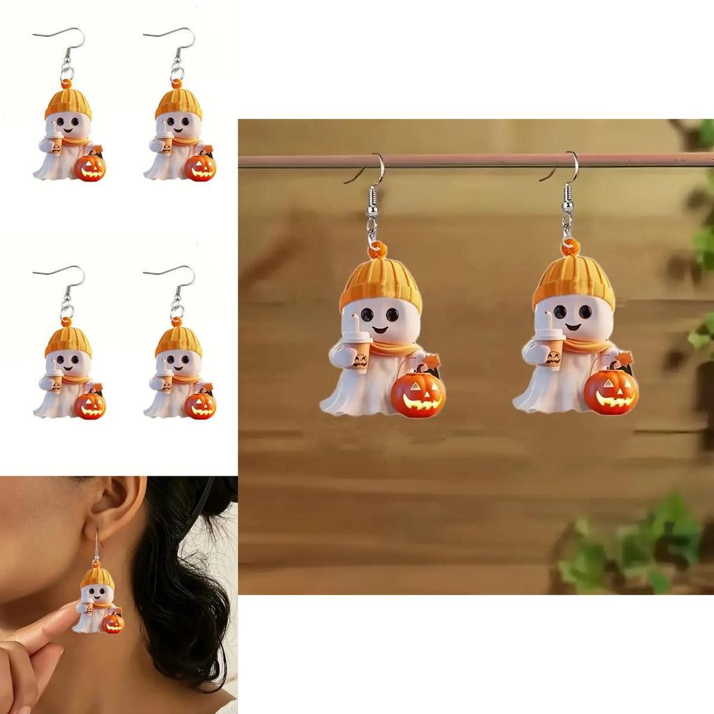 Cartoon Themed Halloween Ghost Milk Tea Pumpkin Pattern Women Acrylic Earrings