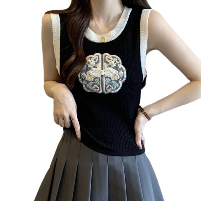 Women's Summer Ice Silk Camisole Vest - National Style Embroidered Knit Top
