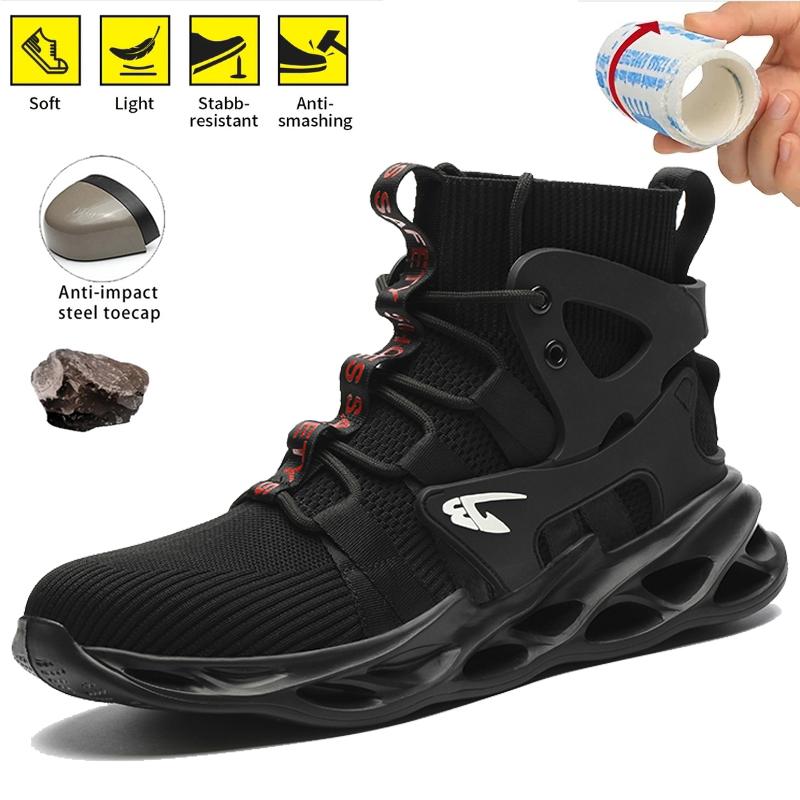 Men's Black Safety Shoes With Anti-Impact Steel Toecap Stab-Resistant, Lightweight, Soft Upper All-Season Casual Hiking Footwear