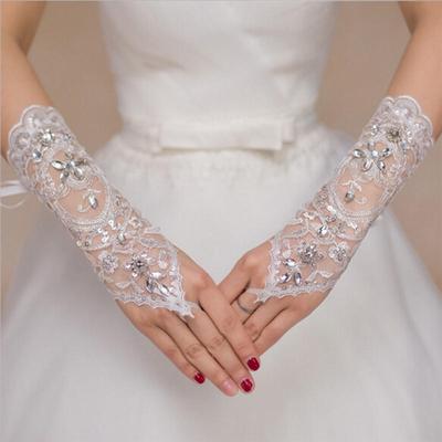 Braut Weiße Handschuhe Perlen Stickerei Perlen Kurzes Hochzeitskleid Brauthandschuhe