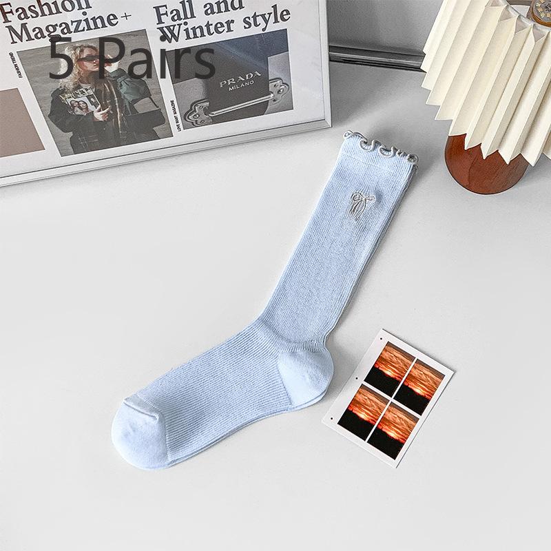 5 Pairs of Female Spring and Summer Bow Embroidery Lace Everything Breathable Tube Pile Socks