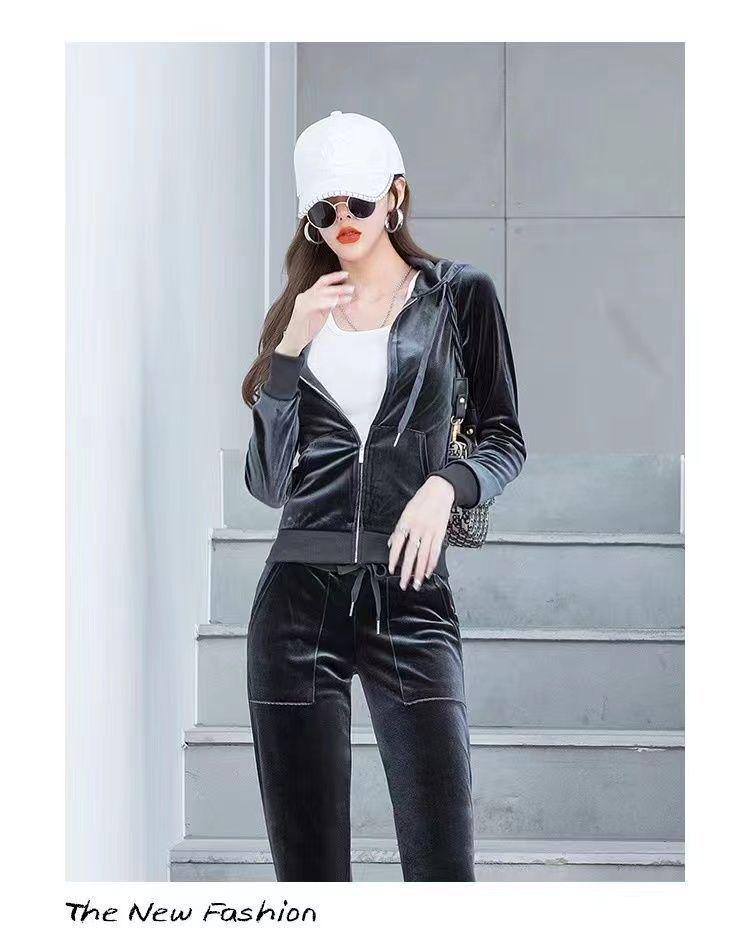 Women's Gold Velvet Tracksuit, 2025 Spring/Autumn Trendy Fashion Casual Hoodie Two-Piece Set