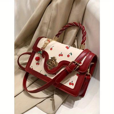 Modische High-End-PU-Tragetasche mit vielseitiger quadratischer Form und süßem Kirschen-Print, perfekt zum Einkaufen, für Dates oder als Umhängetasche für Mädchen