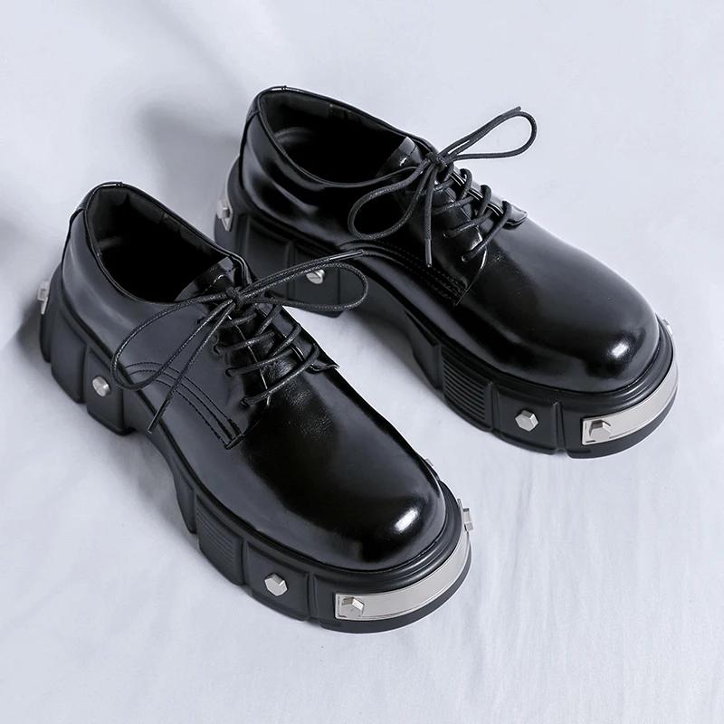 New British Style Men Casual Shoes Fashion Leather Dress Derby Shoes Thick Bottom Outdoor Work Shoe Comfy Round Toe Formal Shoes