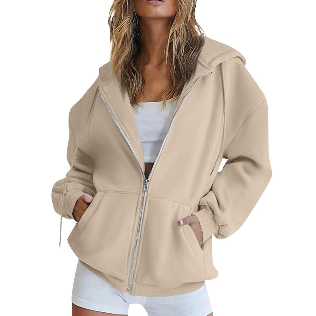 Women's  Fashion Zipper Hoodie Long Sleeve Hooded Pullover Sweatshirt Casual Solid Color Tops With Pockets