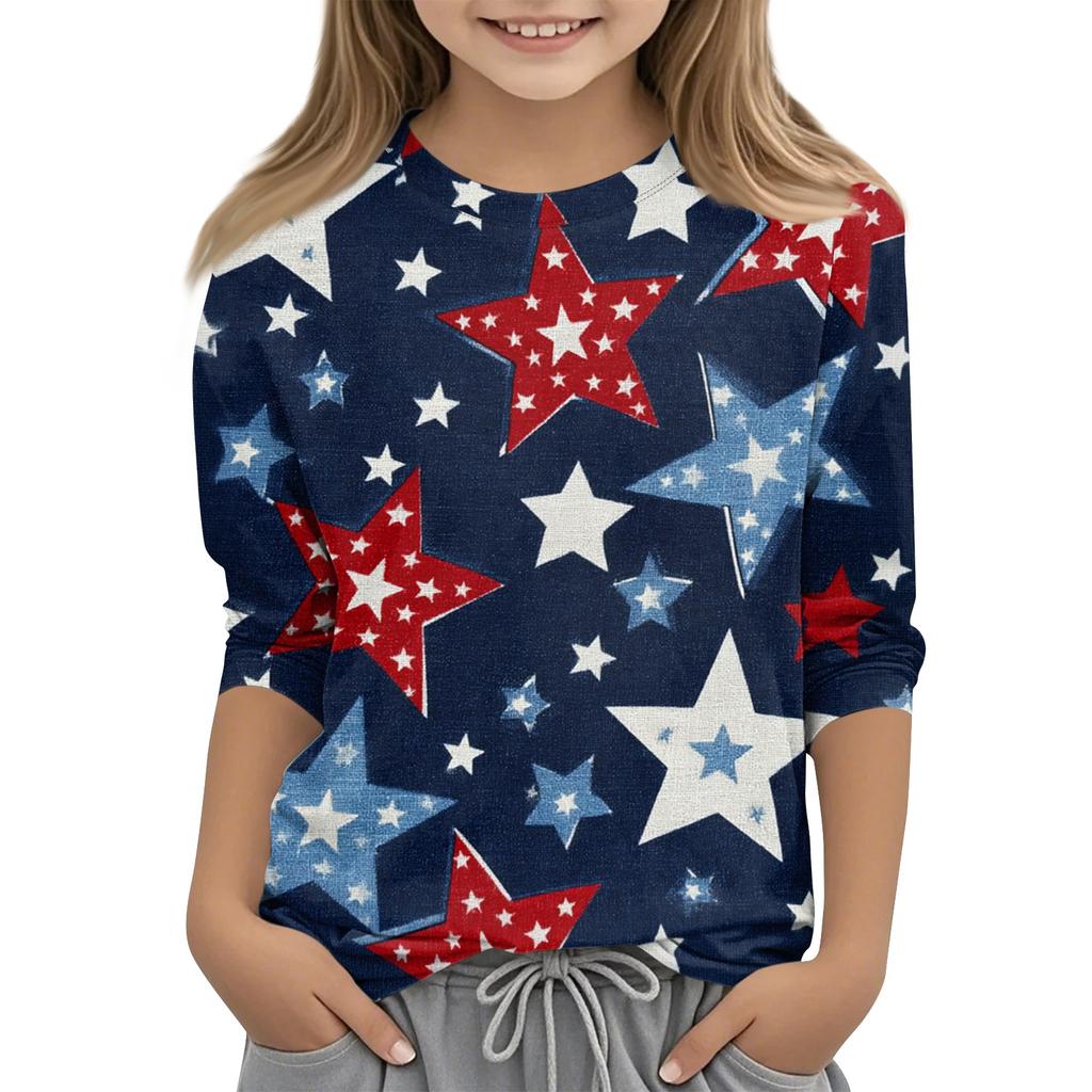 Children's 3/4 Sleeve Tops Casual Print T Shirt Round Neck Pullover Blouse