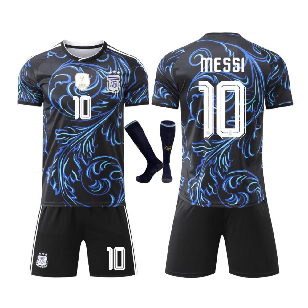 Kids Sports Outfit Argentina Messi World Cup Jersey Shorts Socks Set Black