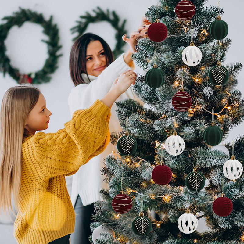 30Pcs 6cm Christmas Ball Ornaments Velvet Red Gree White Balls Xmas Tree Hanging Pendants 2025 Christmas Decoration For Home