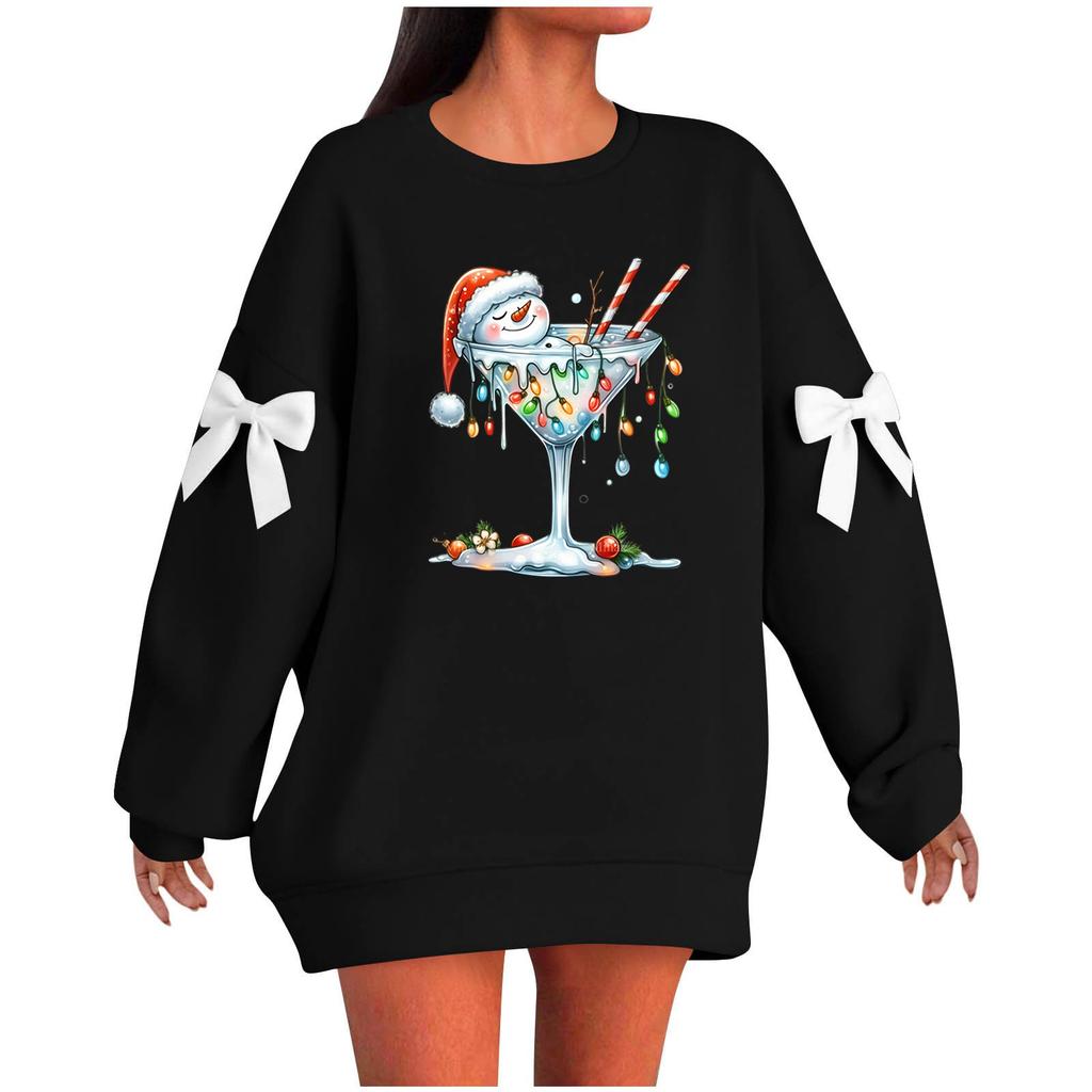 Ladies' Christmas Printed Bow Round Neck Long Sleeved Loose Pullover Sweater Sweatshirt Top