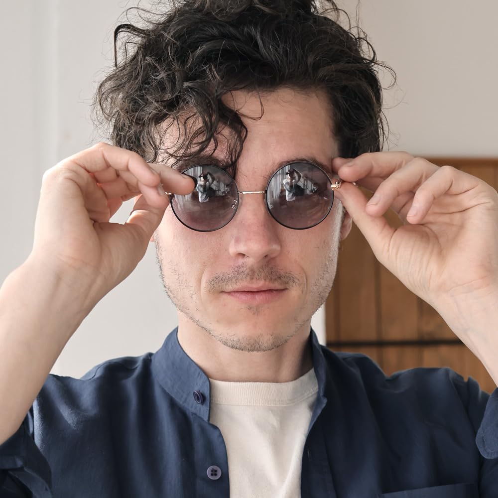 Black x Light Smoke Round Sunglasses for UV Protection Metal Colored Retro UV Protection [FashionBerry] (Cloisonné) Men, (UV400), Frame, Lenses,