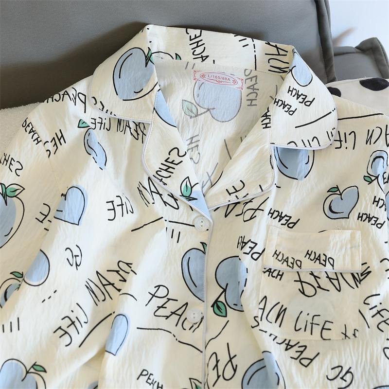 Print Peach Letter Pajamas Sets Women Soft Casual Pijama Sets Sleepwear Long Sleeve Cardigan Set Female Pyjamas Home Clothing