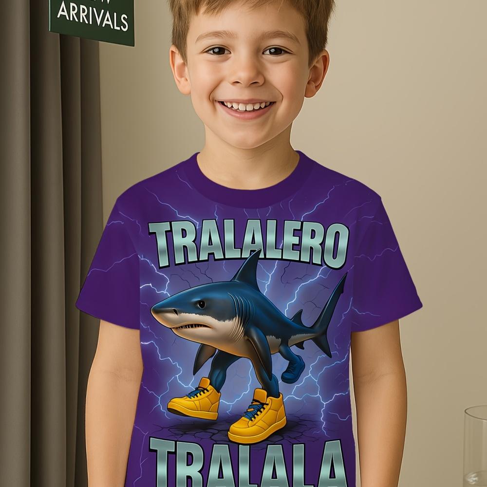 Summer hot selling children's T-shirt shark 3D printing design comfortable round neck short sleeved cartoon pattern children's T-shirt