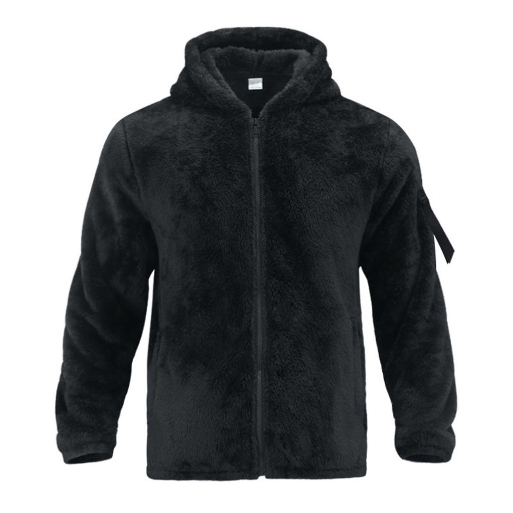 Men's Solid Color Casual Long-sleeved Double-sided Fleece Loose Hooded Zipper Hoodie Jacket