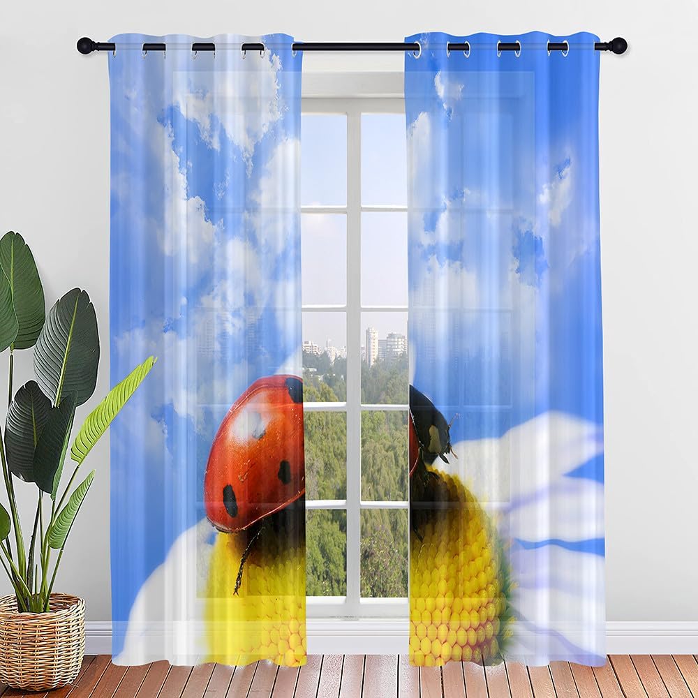 Cartoon Ladybug Curtain Funny Animal Translucent Voile Curtains Bedroom Living Room Balcony Decor Tulle With Sheer Polyester Perfect For