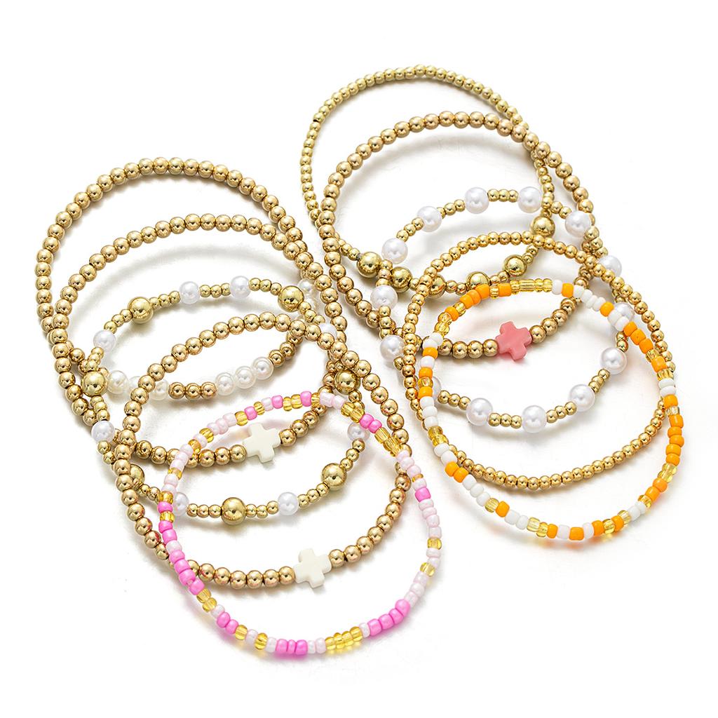 10 Bohemian style soft ceramic cross bead bracelet, multi-layer layered pink rice bead women's bracelet bracelet set