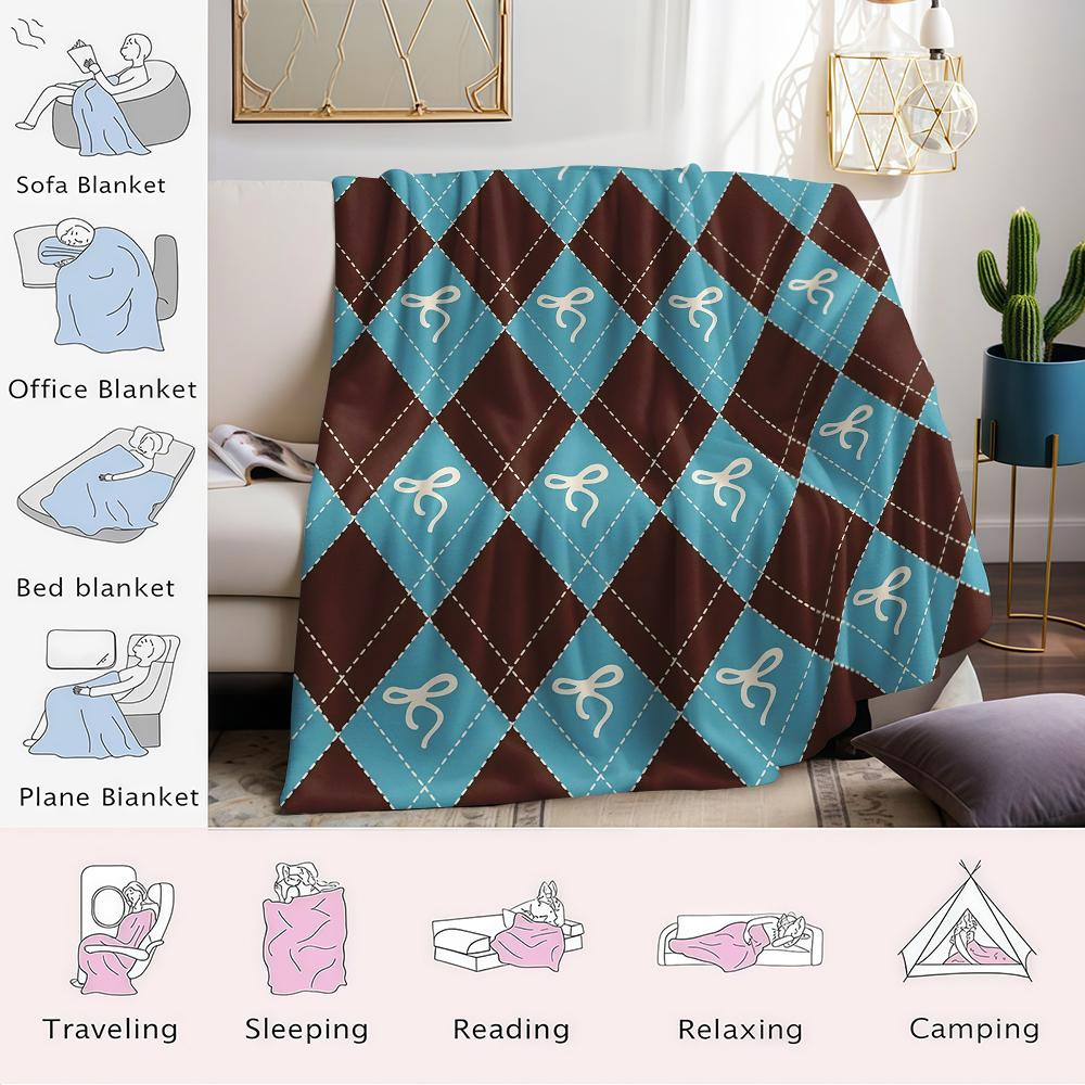 Argyle Bow Print Flannel Blanket Warm Soft Halloween Christmas Couch Warm Cozy Decorative Decor Gift for All Season
