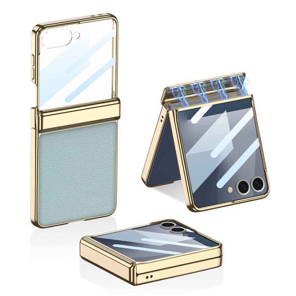 Samsung Z Flip7 Mobile Phone Case Magnetic Folding Hinge Case Film Integrated Electroplating PC Leather Protection Case