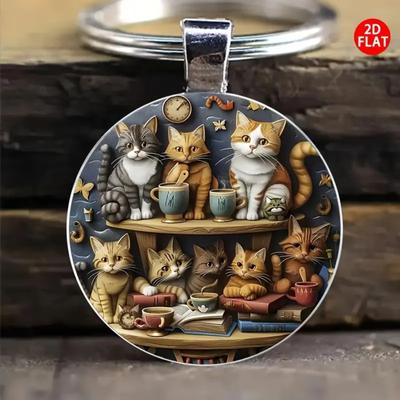 Porte-clés Rond en Alliage Verre Plat Mignon Famille 2D