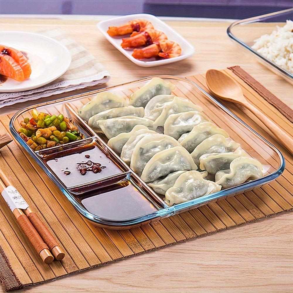 1 Transparent Heat-resistant Glass Divider Plate with Sauce Dish,Square for Dumplings and Seasoning-an Essential Kitchen Serving and Preparation Tray