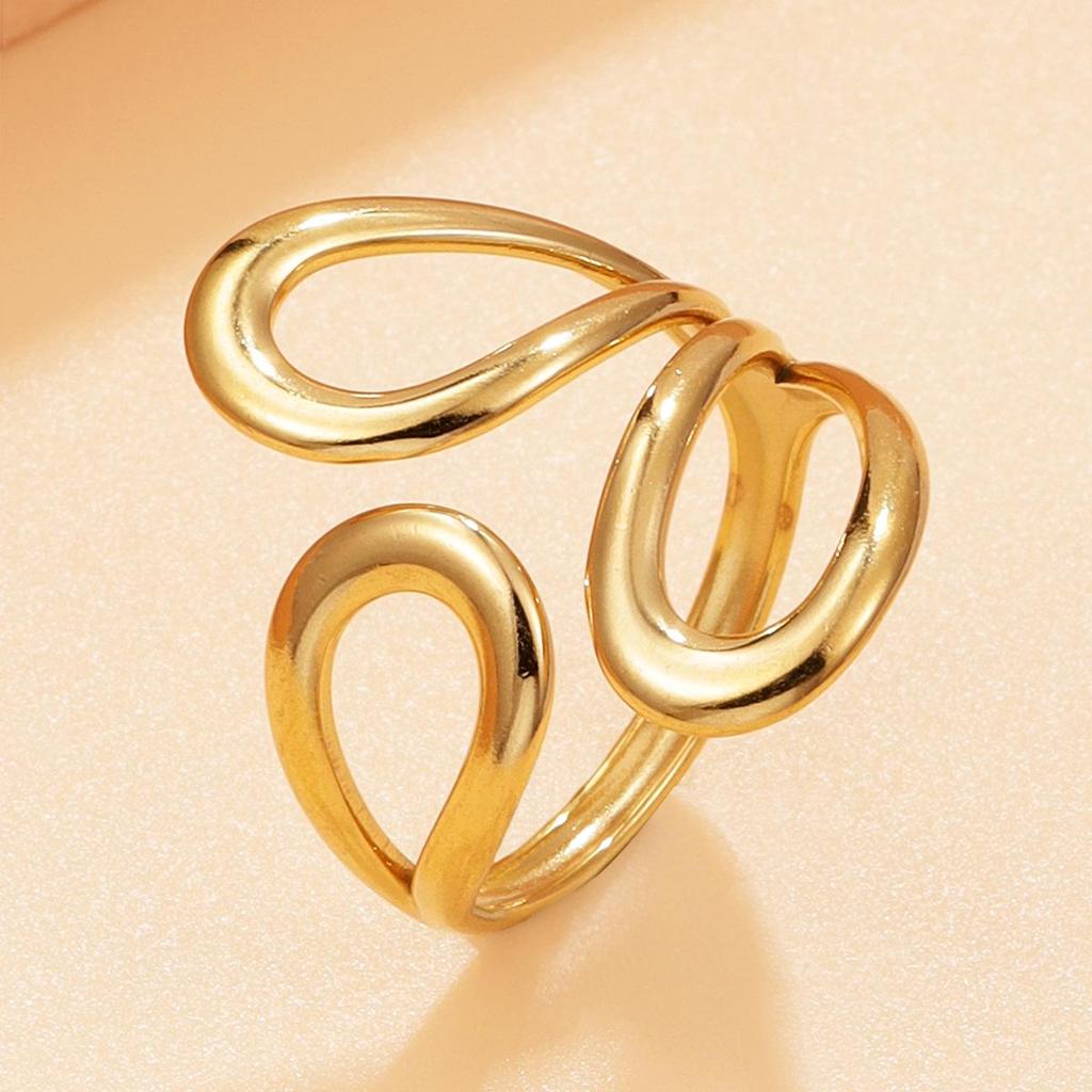 INS Style Hollow Geometric Water Drop Stainless Steel Ring with 18K Gold Vacuum Plating