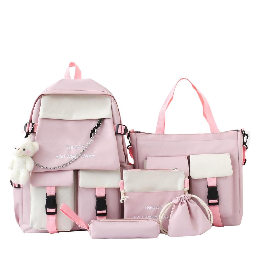 Mittelschulrucksack mit Bärenanhänger, hohe Kapazität, Campus-Rucksack, Kontrastfarbe, für Herren und Damen, 5-teiliger Rucksack, Umhängetasche, Umhängetasche, Federmäppchen