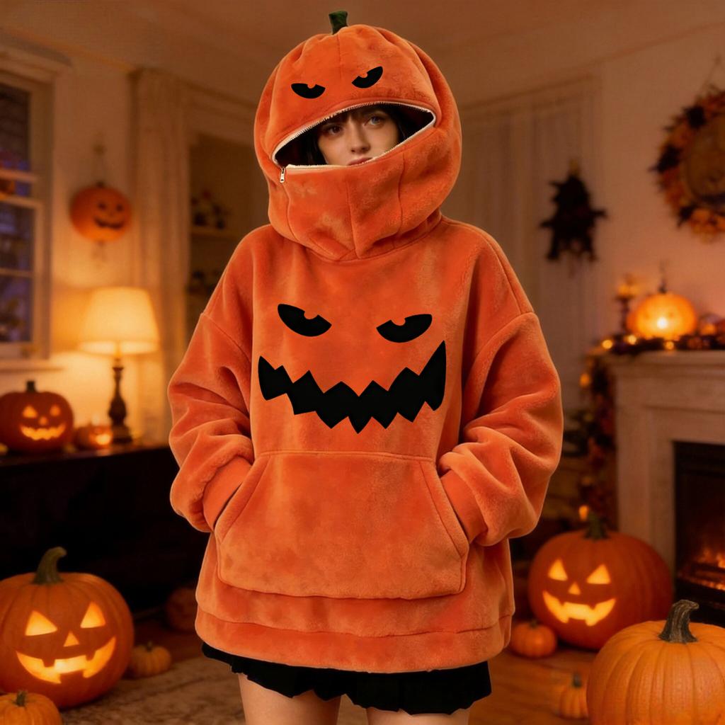 Pullover Hoodie mit Kürbisdruck für