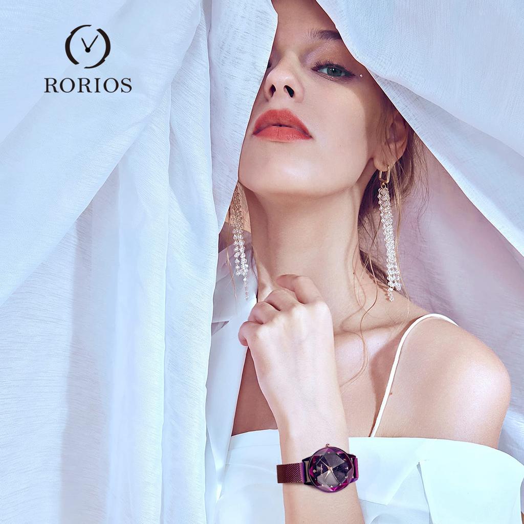 RORIOS Sternenhimmel Uhr Glitzer Quarz Uhr Belüftung Magnetisches Mesh Armband Analoguhr Weihnachtsgeschenk Geschenk Uhr für Frauen Lila Damen