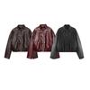 Womens Oversized High-Neck Faux Leather Bomber Jacket With Pockets Black Brown Burgundy