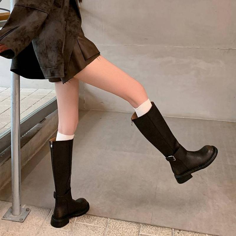 Autumn and winter women's leather boots medium heel leather large size women's boots rear zipper thick-soled non-slip high tube versatile Martin boot