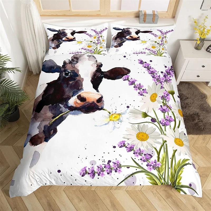 Highland Cow Duvet Cover King Microfiber Western Farmhouse Animal Bedding Set Leopard Cow Skin Fur Floral Print Comforter Cover