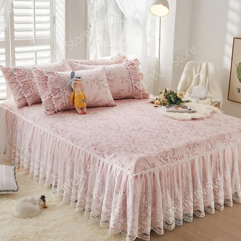 Flower Decorative Princess Lace Bed Skirt 100% Cotton-padded Thicken Bed Skirt Home Non-slip Mattress Cover Protector Bed Cover