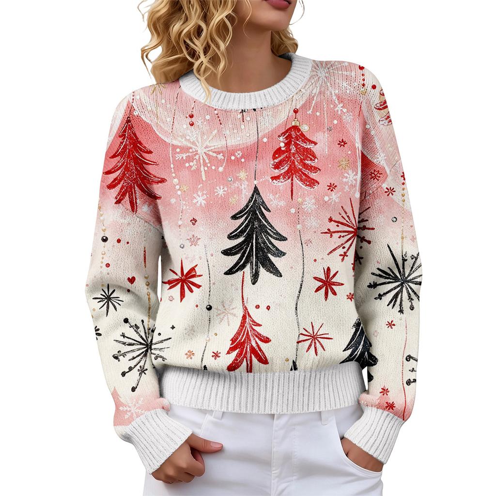 Women's Christmas Print Crewneck Long Sleeve Sweater for Fall Winter Casual Wear