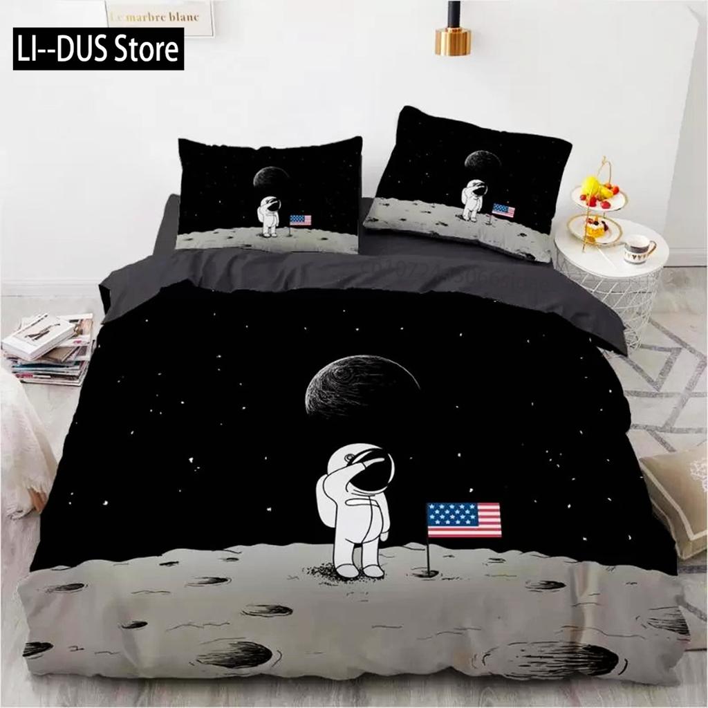 Space Duvet Cover Set Microfiber Outer Space Astronaut American Flag Pattern Bedding Set For Boys Girls Queen King Quilt Cover