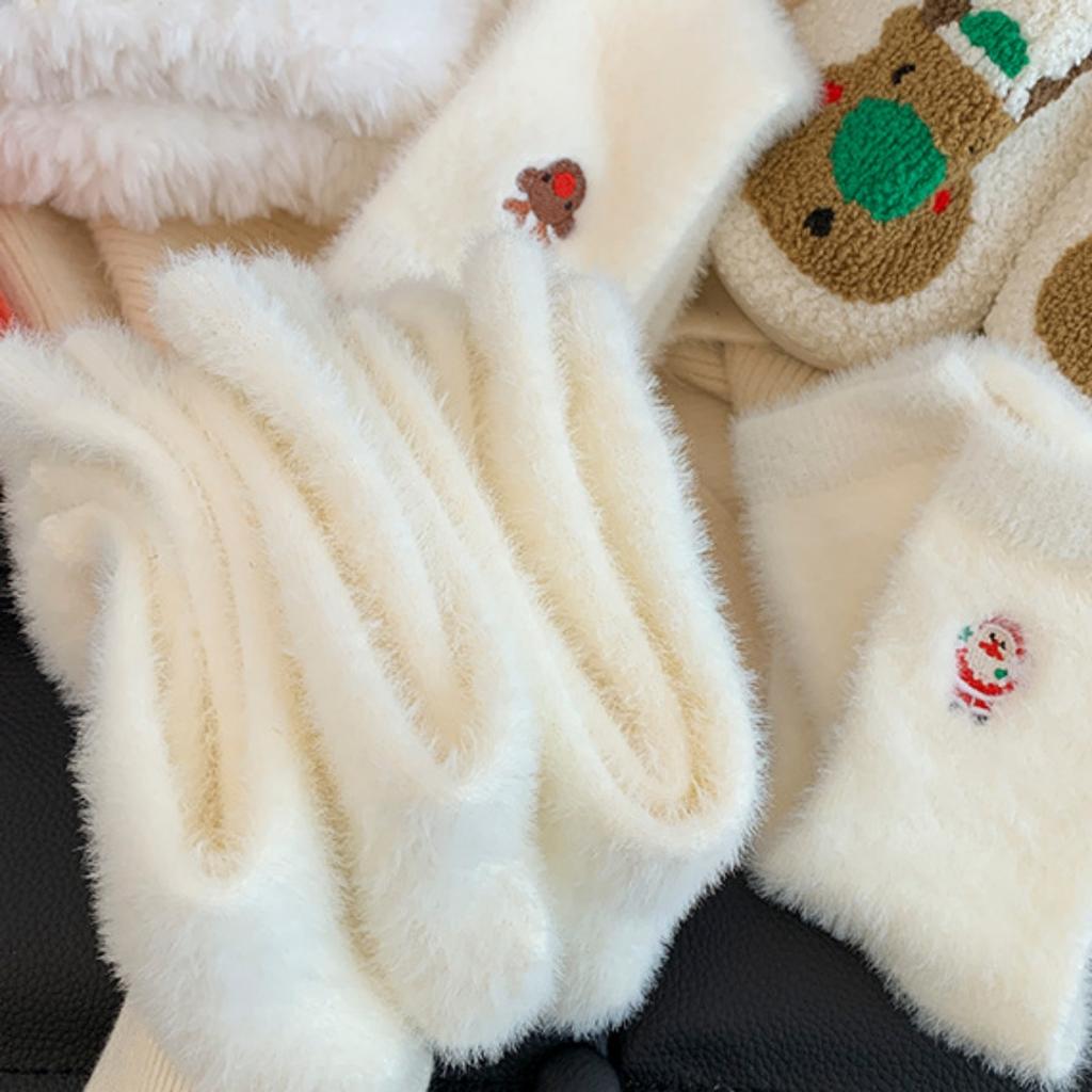 1Pair Christmas Pattern White Mink Fur Socks Women Winter Snowman Santa Claus Socks Soft Fleece Plush Warm Home Sleep Boot Socks