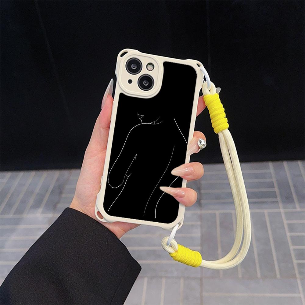 Ae79 Femme Framed Black Art Soft Phone Cases for iPhone 16 15 14 13 12 11 Pro Max 7 8 Plus XR XS with Wrist Strap Lanyard Corner Protection Back Cover