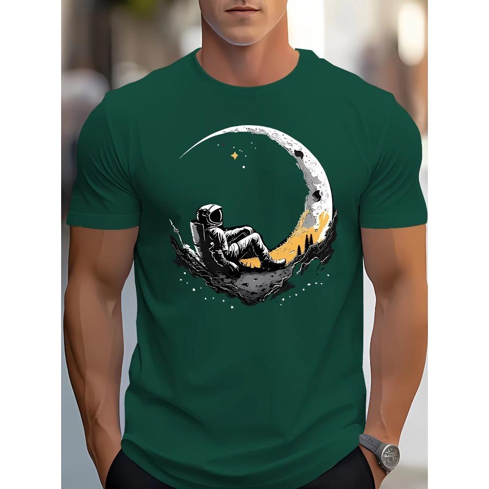 Men's summer 100 cotton fashionable casual loose plus size landing moon pattern printed sports round neck short sleeved T-shirt