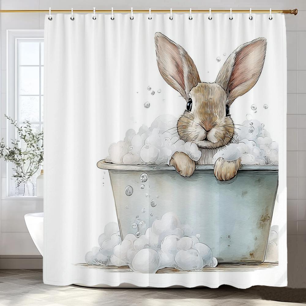 1pc Cartoon Cute Rabbit Bathing in Bathtub Print Waterproof Shower Partition Privacy Hanging Curtain with Hooks Machine Washable