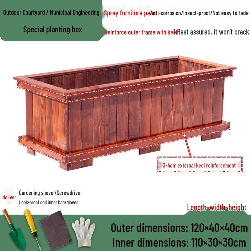Carbonized Wood Outdoor Planter Box – Antiseptic Rectangular Flower Trough for Home, Courtyard, or Balcony.