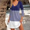 Women's Fashion Casual V-Neck Striped Plaid Print Pocket Three-quarter Sleeve Dress