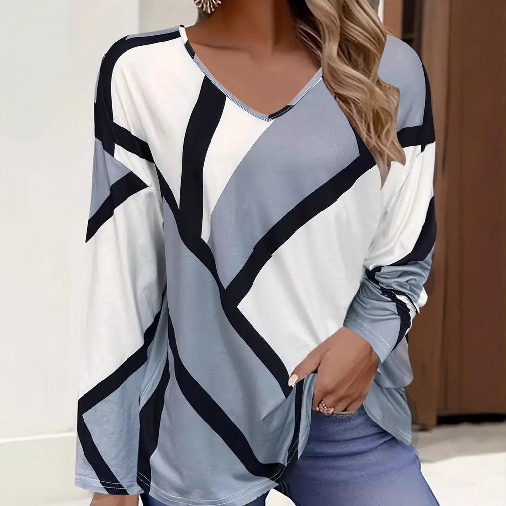 Spring Autumn Fashion Comfortable Soft V-neck Long Sleeve T-shirt Creative Geometric Figure Loose Casual Women Versatile 3D Printed T-shirt