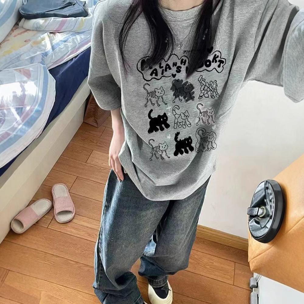 Summer New Niche Cartoon Fun Kitten Printing Design Sense Short Sleeve T-Shirt Women's Casual Loose Versatile Top