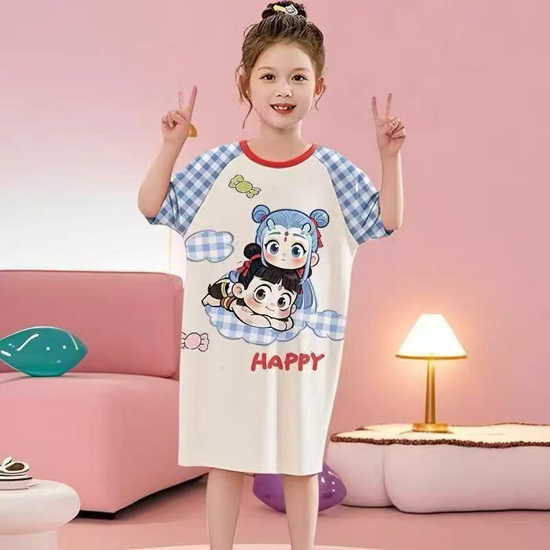 Girls' Summer Princess Pajama Dress - Short Sleeve, Loose Fit, Lightweight Sleepwear for Kids.