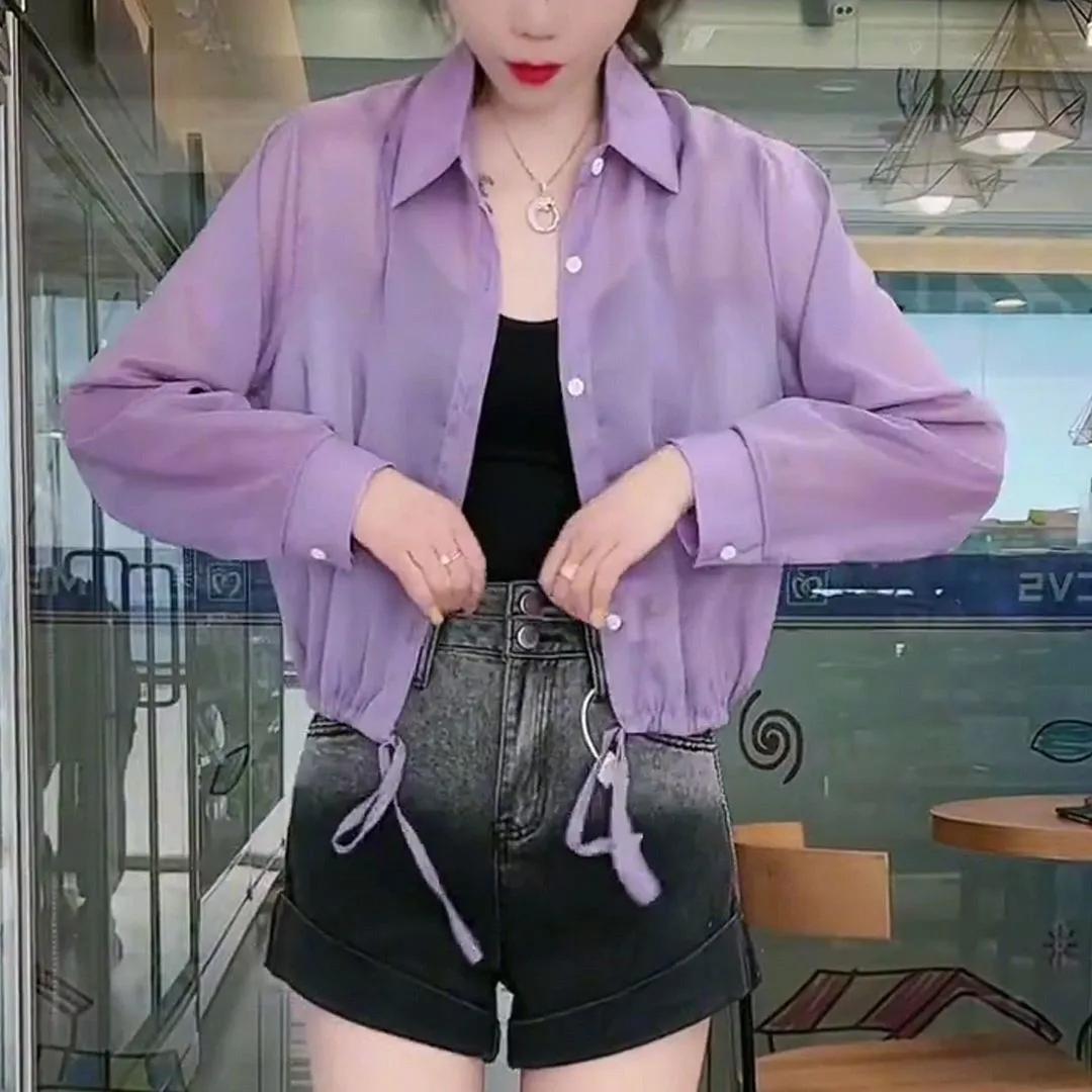 

WTEMPO Spring Summer Women s Casual Short Shirts Coats Female Casual Versatile Turn-down Collar Sunscreen Cardigans XXL фіолетовий