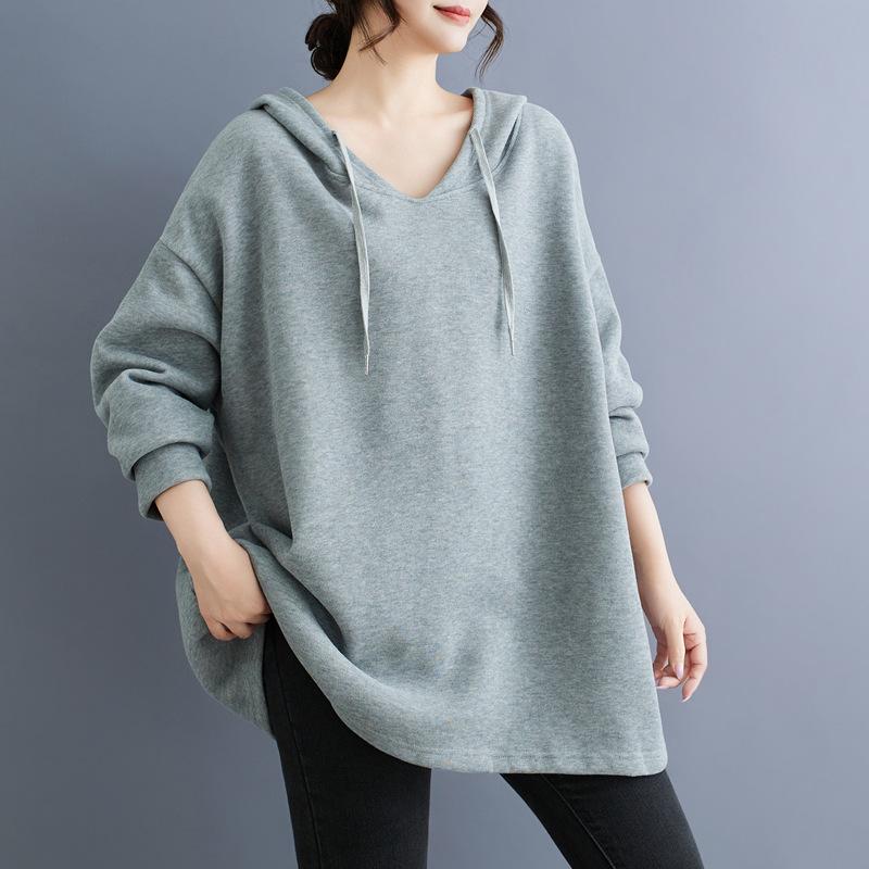 

Женская толстовка с капюшоном большого размера в корейском стиле на осень/зиму - Утягивающий верх из флиса One Size серый
