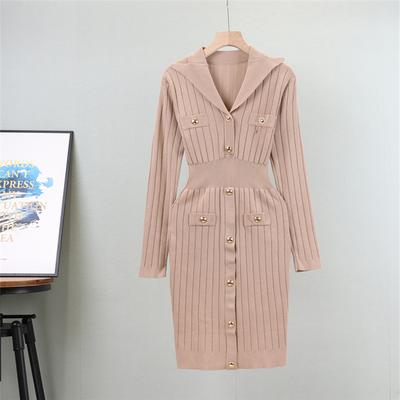 V Neck Long Sleeve Spring Fall Dress for Women Knee Length Knit Casual Regular Fit Sweater Dress Button Casual Cable Knit Sweater Dresses for Women