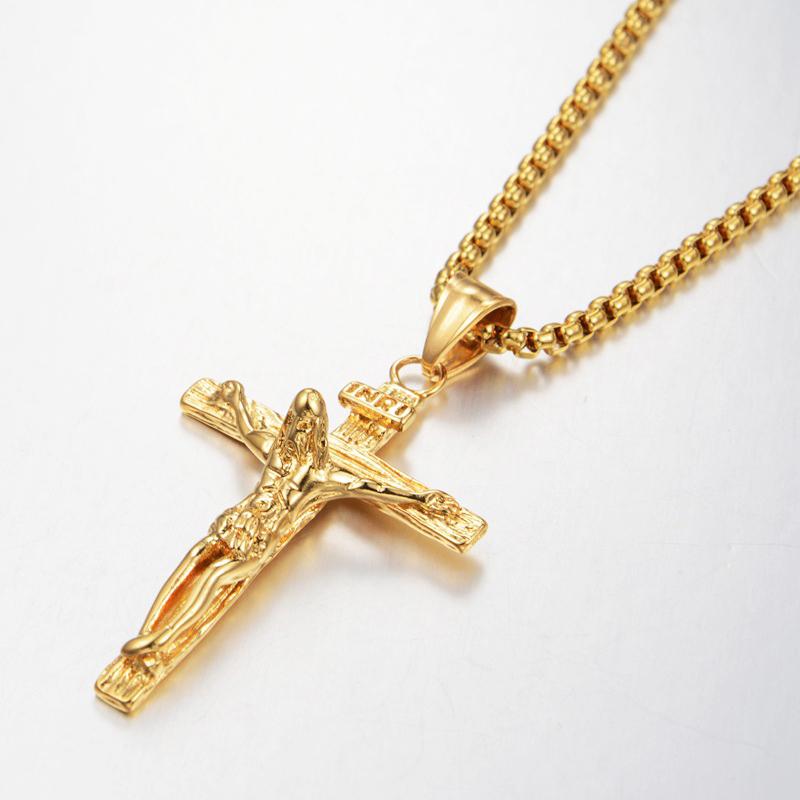 Collana Ciondolo Crocifisso INRI Gesù Croce Colore Oro Acciaio Inossidabile Catena per Collo da Uomo Gioielli Cristiani Cattolici