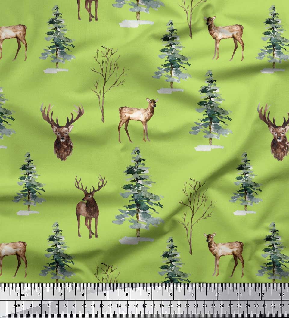 

Тканина для рукоділля Soimoi Purple Poly Crepe Deer & Tree Тканина для рукоділля з аквареллю на метрі 42 дюйма 42 Inch Wide - Poly Crepe зелений